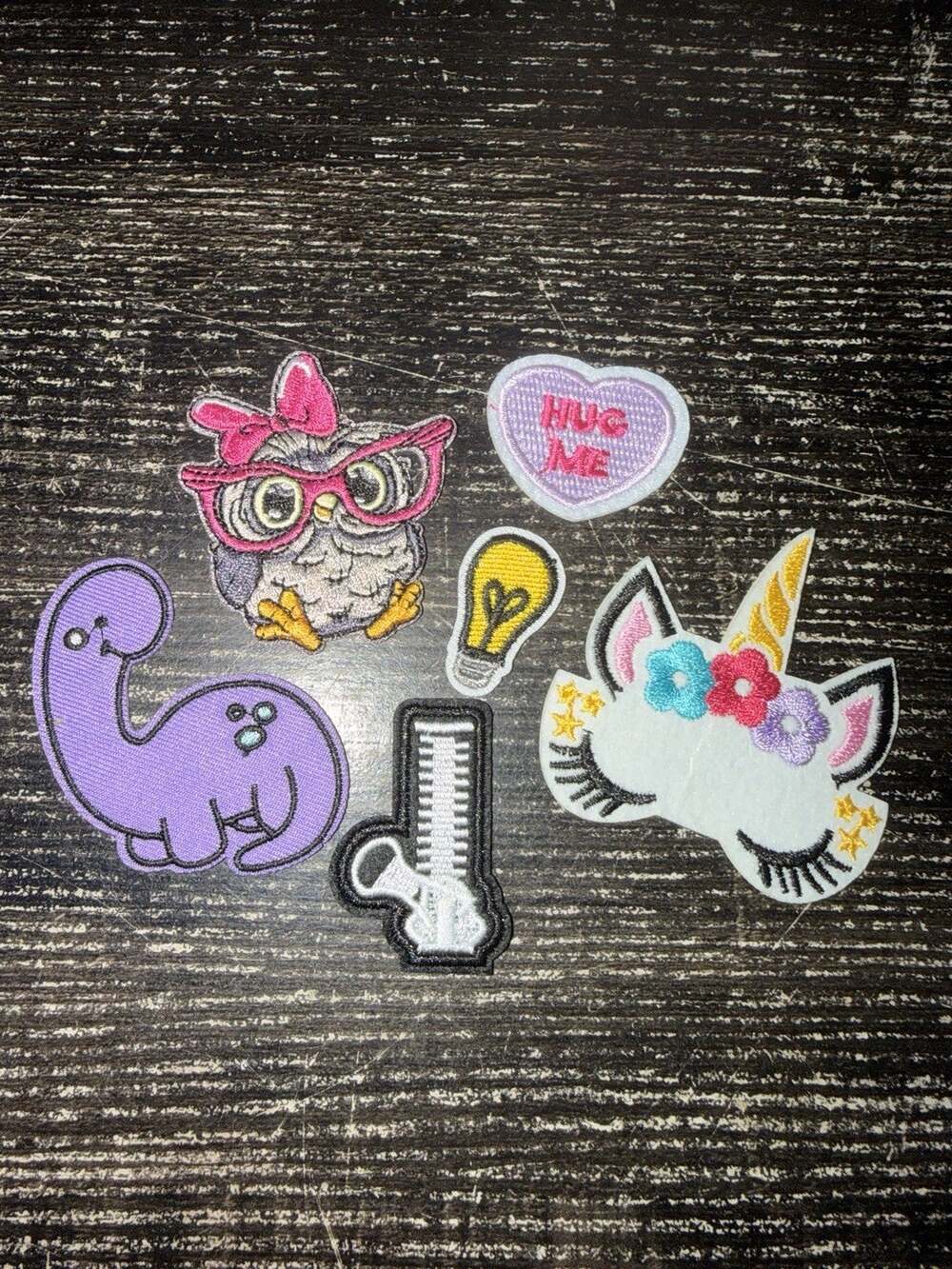 Lot Of 6 Iron on Patches Owl Light Bulb Unicorn Zipper Dinosaur Hug Me